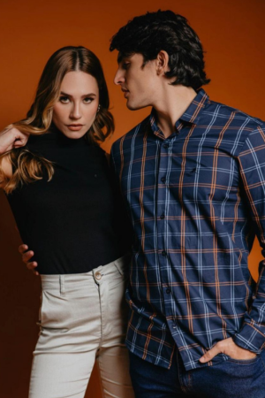 Camisa Xadrez Bordada Manga Curta Azul Marinho/Azul Celeste