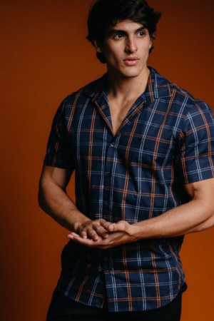 Camisa Xadrez Bordada Manga Curta Azul Marinho/Azul Celeste